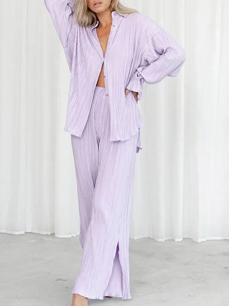 2 Piece Set Blouse Tops and Split Wide Leg Pants