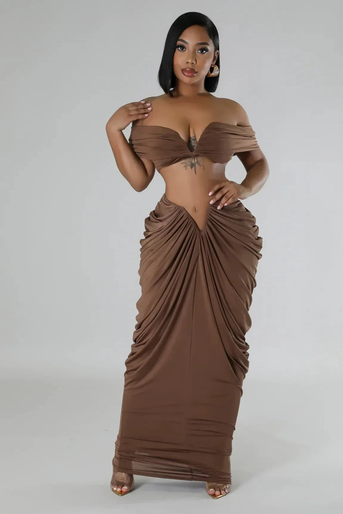 Pleated Strapless Crop Top and Long Skirt Suit