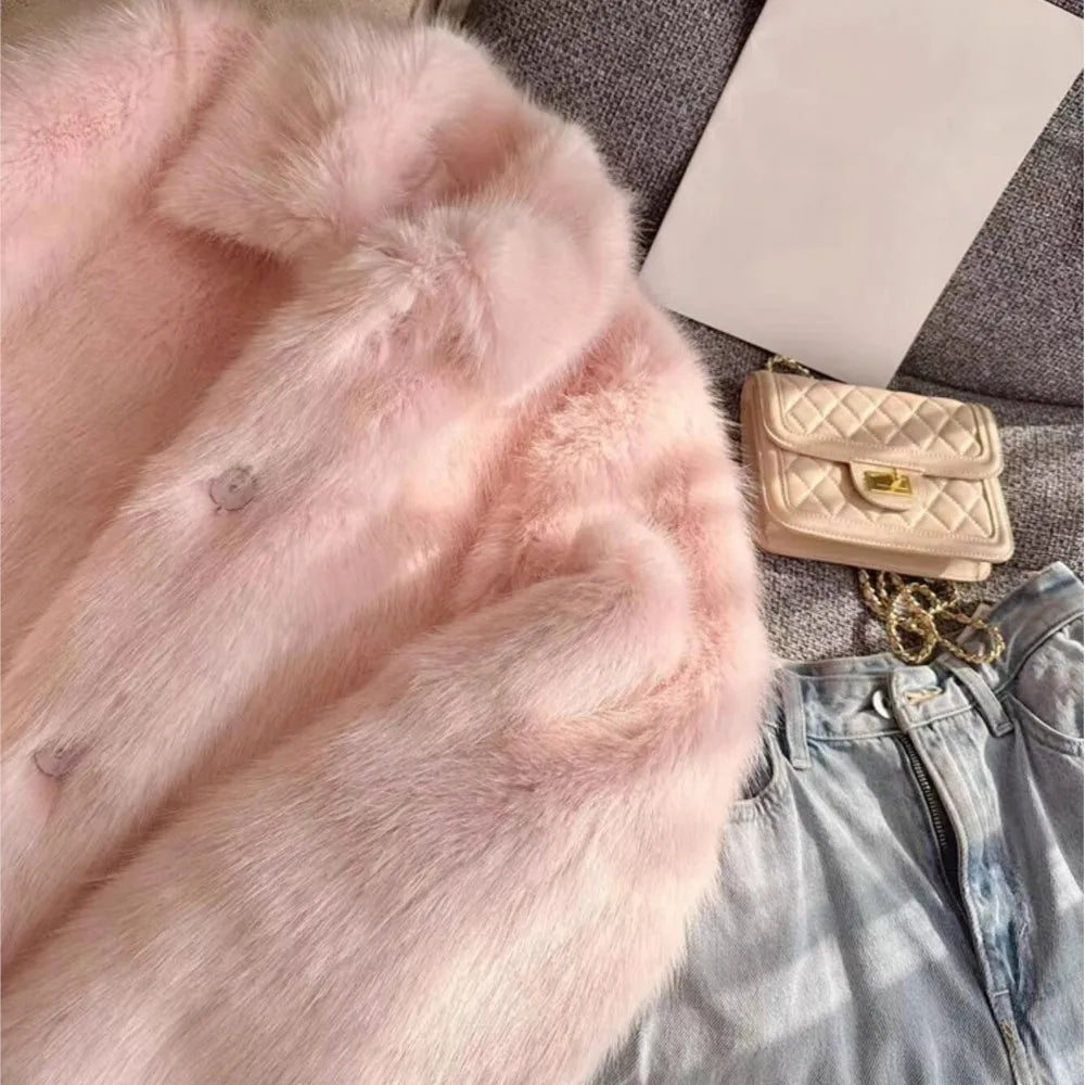 Pink Faux Fur Warm Furry Short Jacket Outerwear