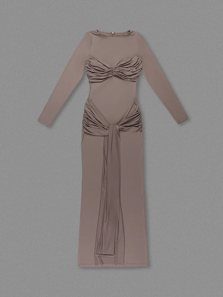 Long Sleeve Pleated Draped Maxi Dress
