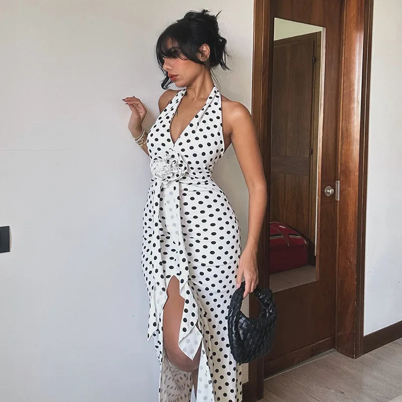 3D Flowers Polka Dot Print Backless Dress