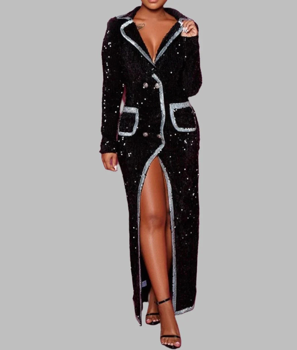 Black Sequins V-Neck Double-Breasted Full Sleeved Long Jacket