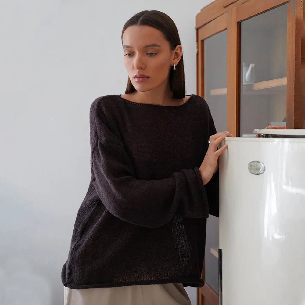 Hollow Solid See-through Long Sleeve Knitted Top