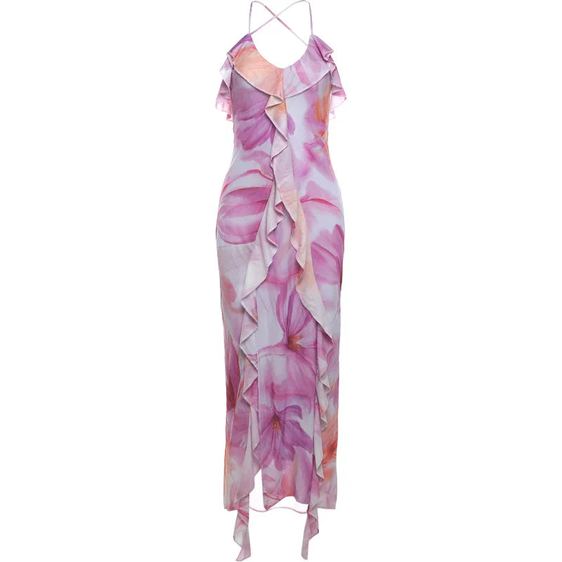 Flower Print Splits Irregular Tassel Patchwork Long Dress