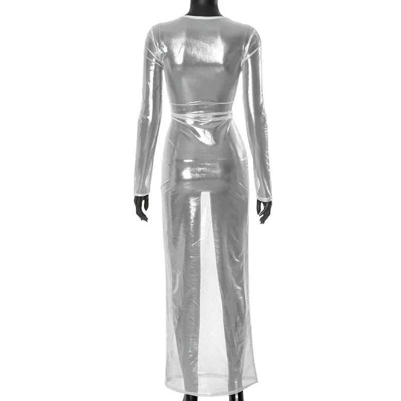 O-neck Full Sleeve Solid Color Mesh Dress