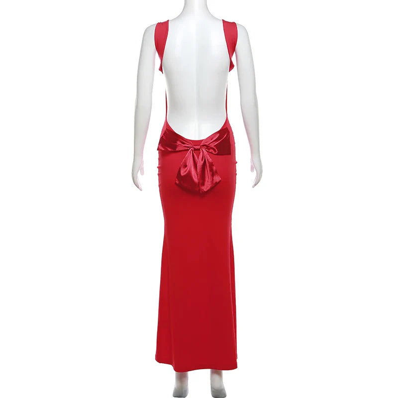 Bow Open Back Cowl Neck Long Dresses For Women