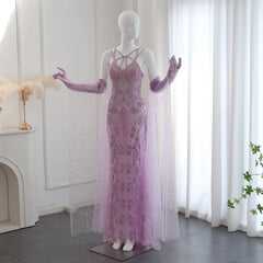 Lilac Evening Gown with Cape Sleeves & Gloves