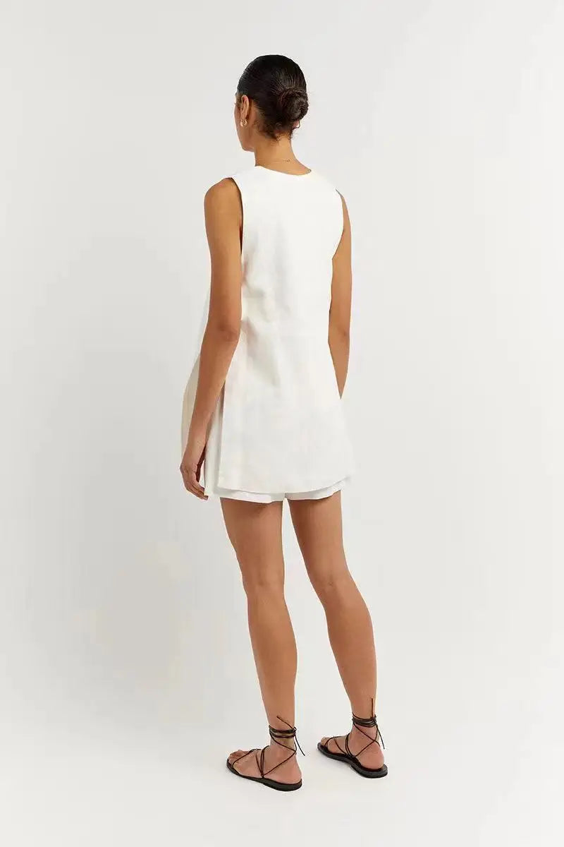 Hollow Button Long Top Elastic Waist Shorts Suit