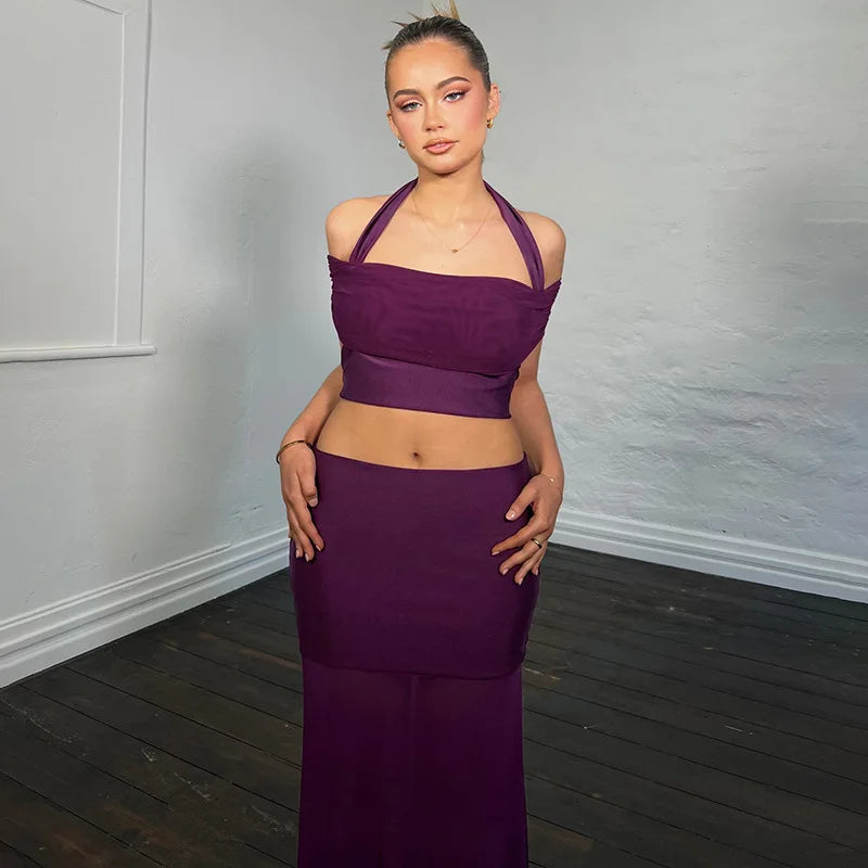 Purple Mesh Two-Piece Set with Sheer Halter Top and Long Skirt
