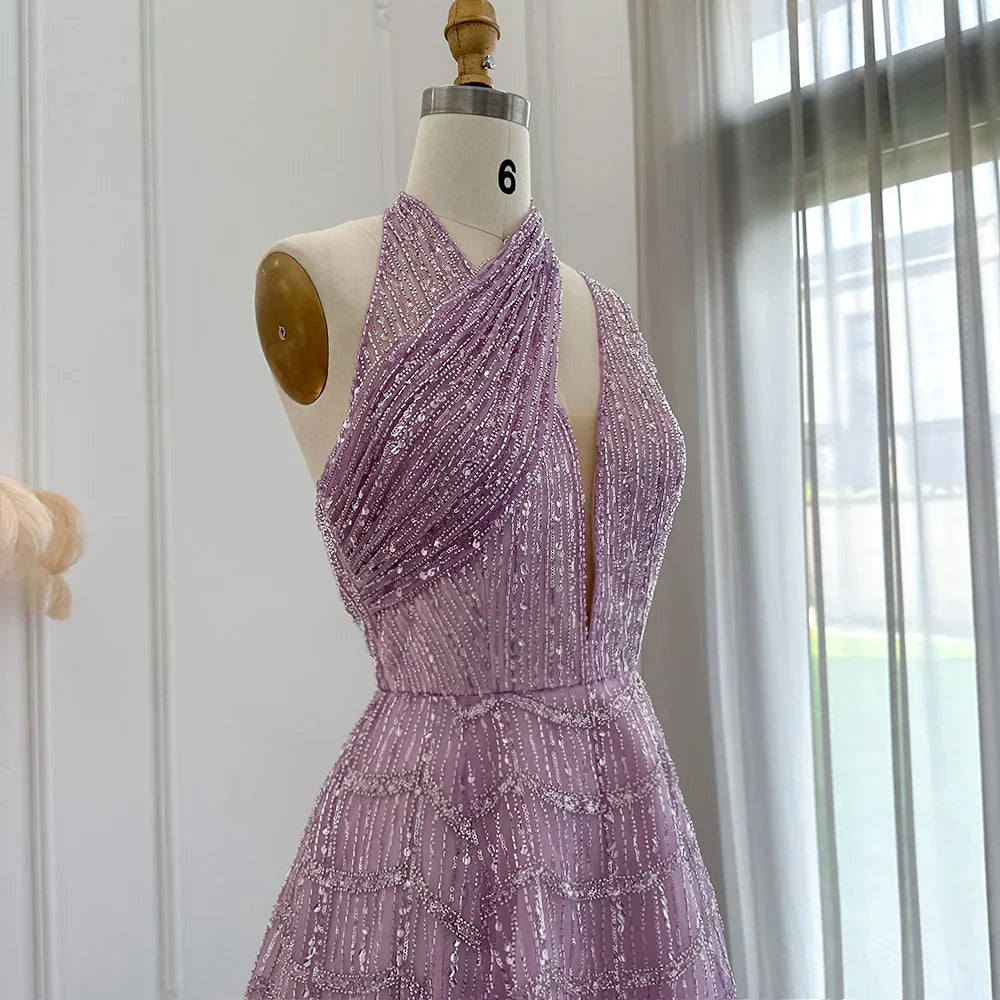 Beaded Lilac Halter Neck Evening Gown
