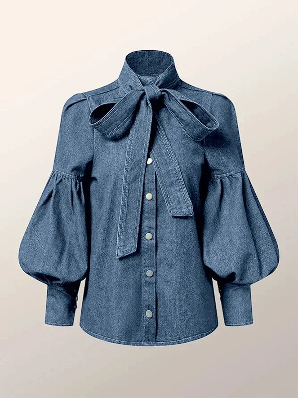 Denim Puff Sleeve High Neck Top