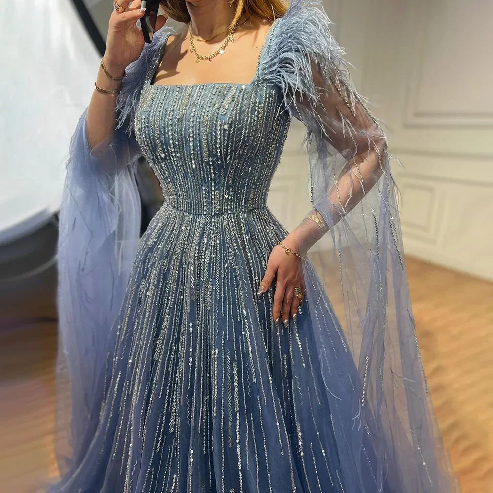 Cape Sleeves Feathers Beaded Evening Dresses