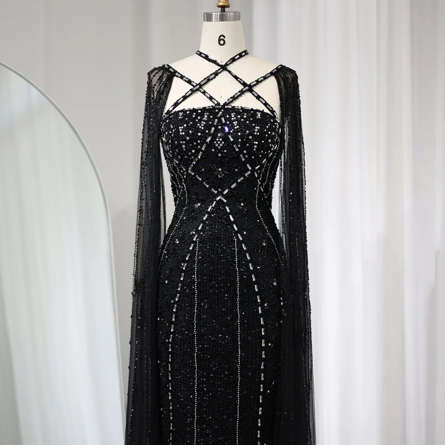 Aqua Mermaid Evening Gown with Cape Sleeves