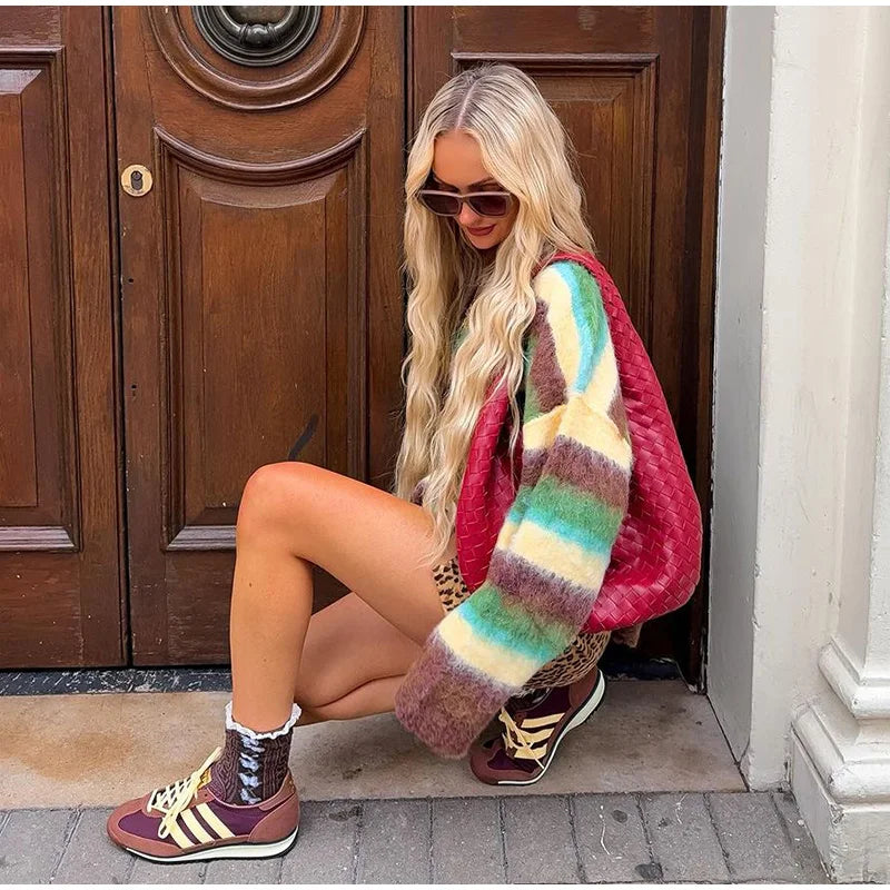 Mohair Striped Long Sleeve Contrast Sweater