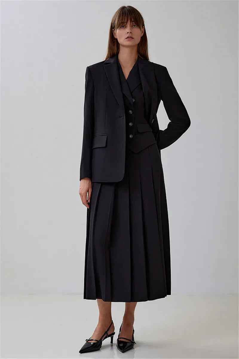 Notched Collar Pleated Skirt Suit Two Piece Sets