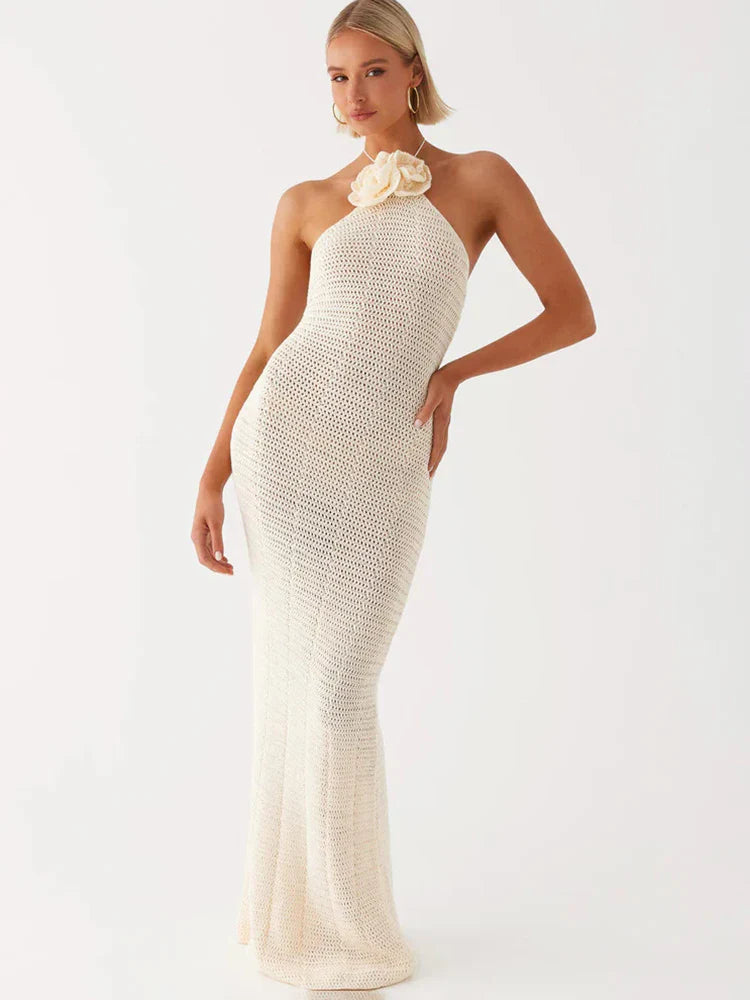 Knitted Crochet Slim Halter Beachwear Cover-Up Dress
