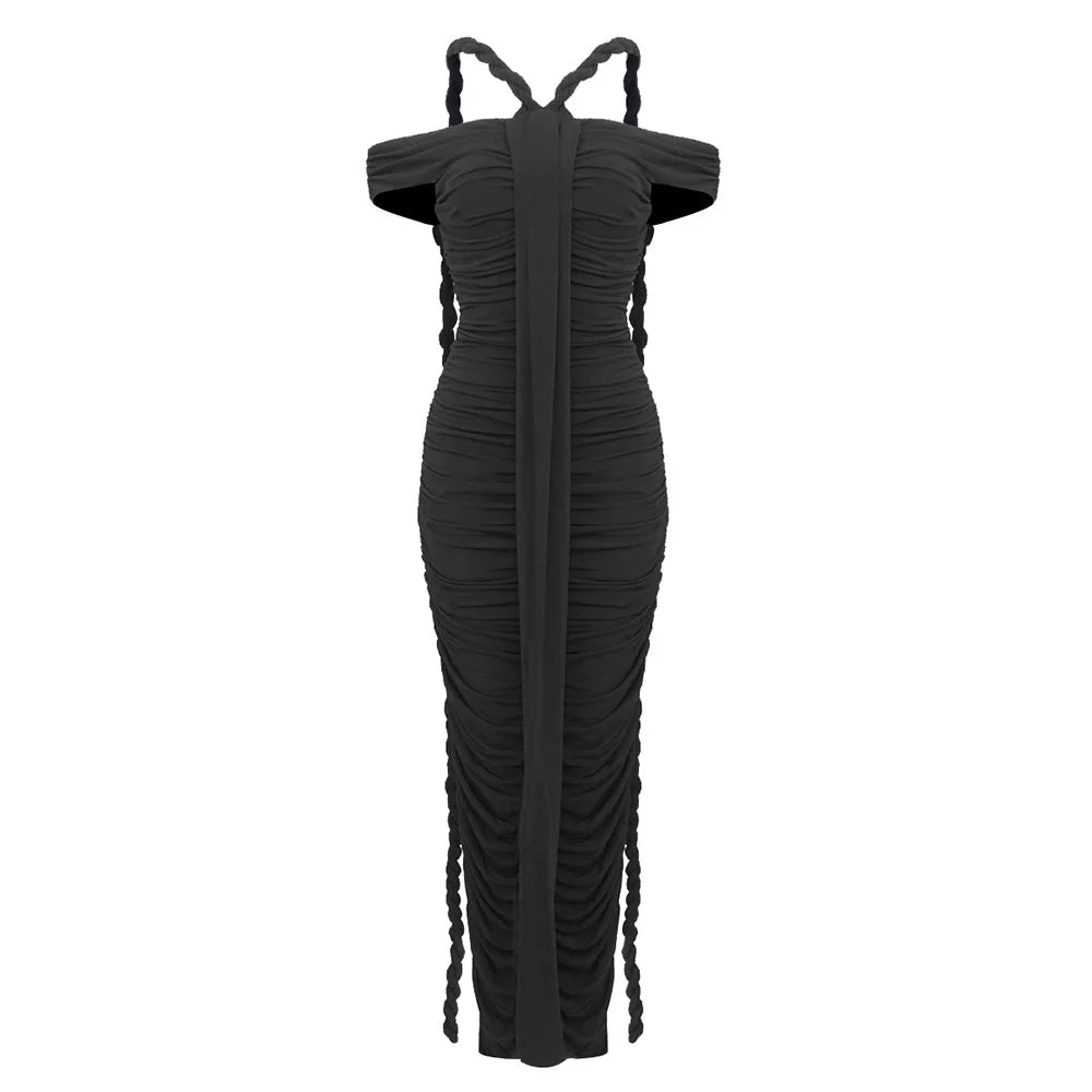 Slash Neck Pleated Braid Ribbon Long Dress