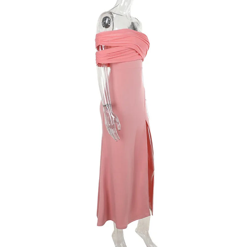 Solid One Shoulder Mesh Slit Long Dress
