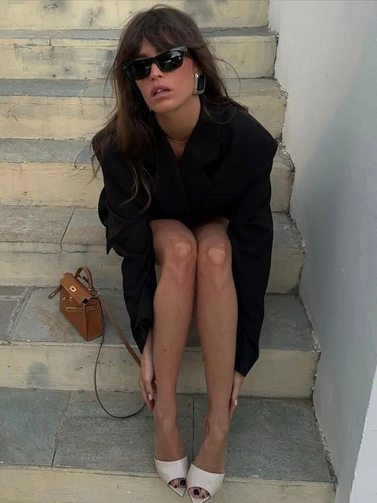 Lace-up V Neck Solid Blazer Dress