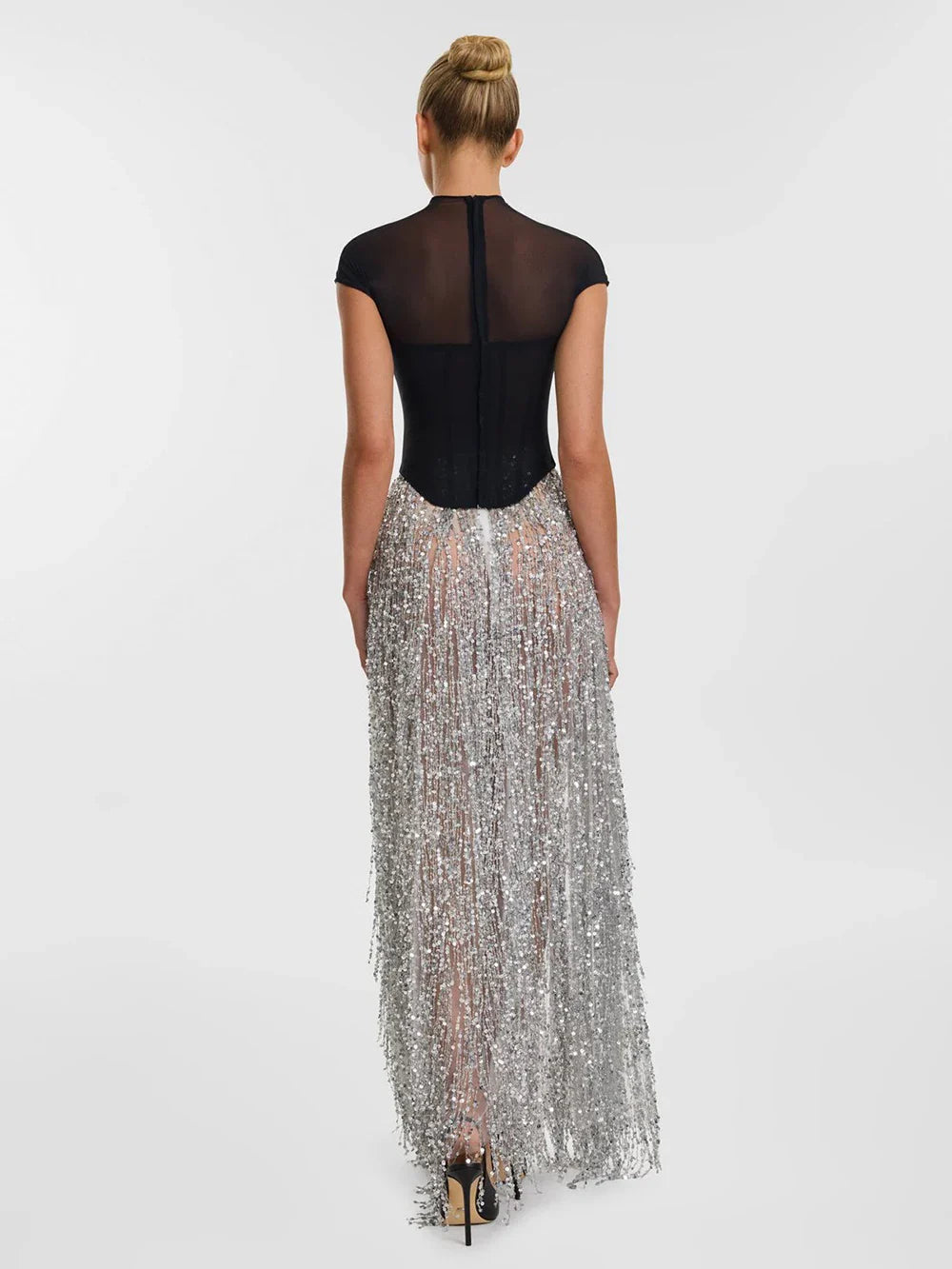 Black Fishbone Top Sequin Mesh Long Skirt Set