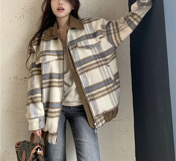 Plaid Turn-down Collar Loose Zipper Jacket