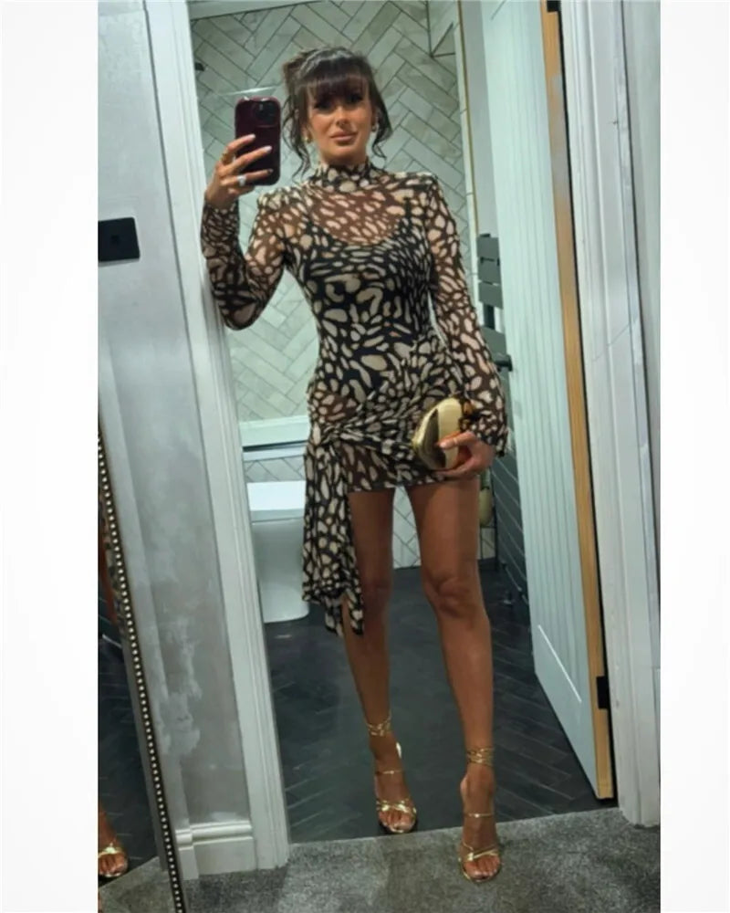 Mesh Leopard Print Turtleneck Mini Dress