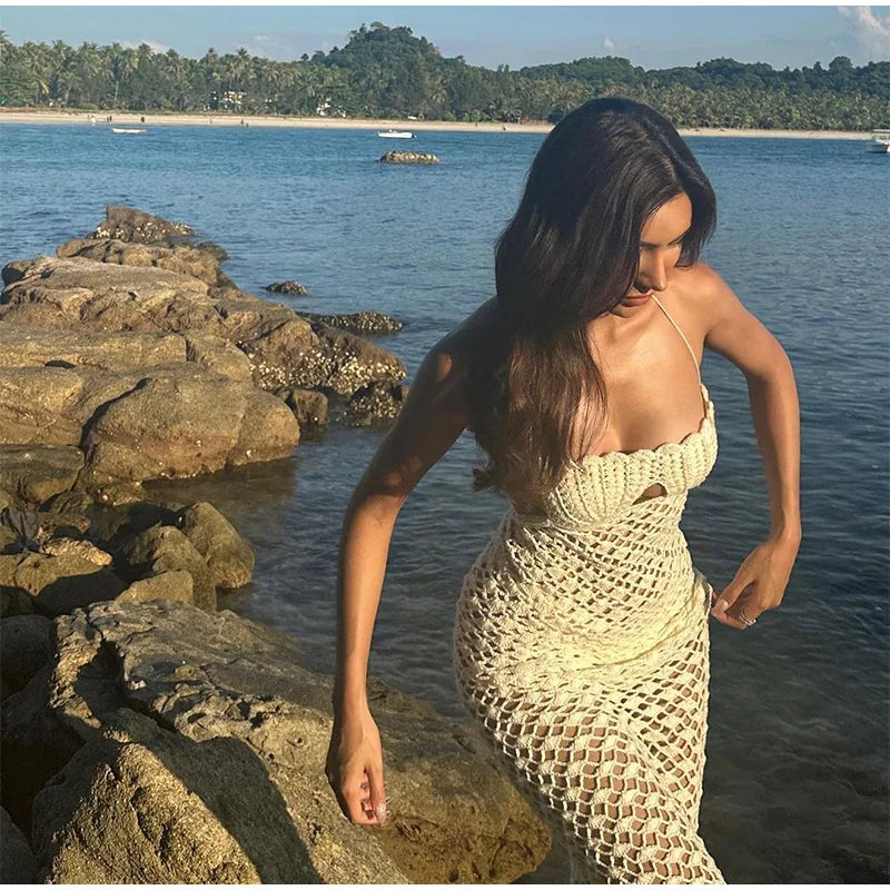 Crochet Halter Lace Up Bodycon Beach Robe