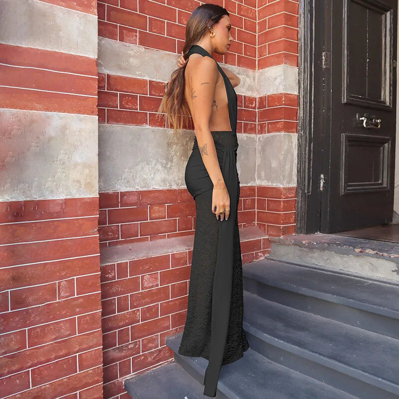Halter Deep V Neck Lace Sleeveless Long Dress