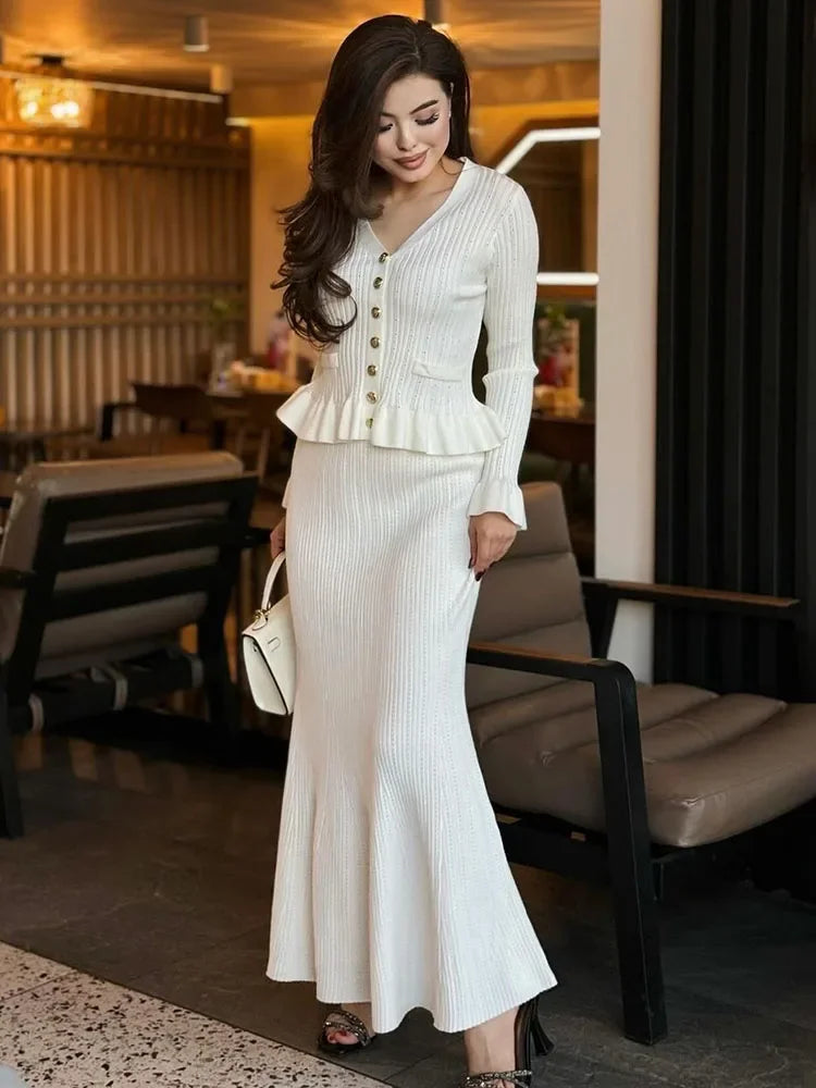 Ruffle Knitted Long Sleeve Mermaid Midi Dress