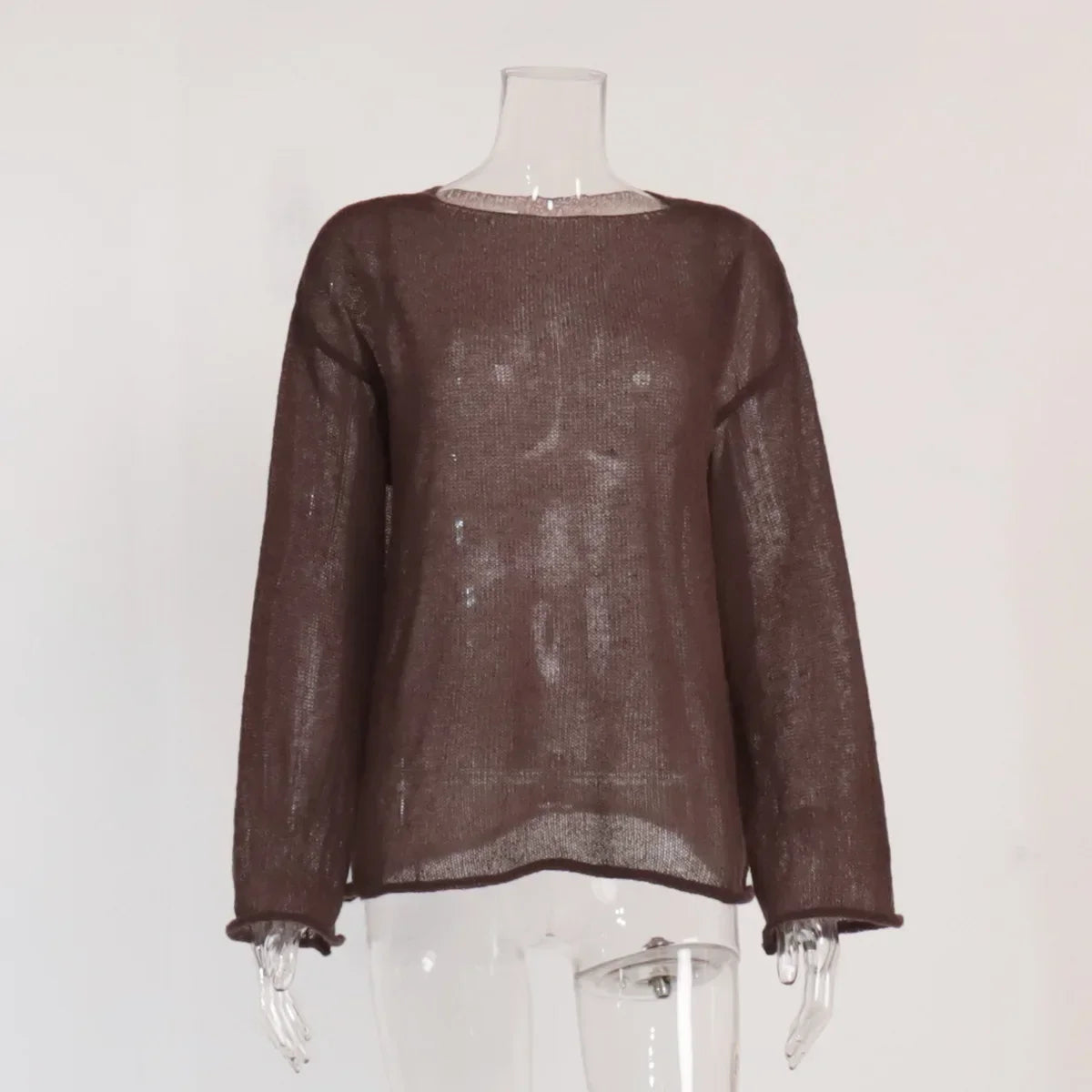 Hollow Solid See-through Long Sleeve Knitted Top