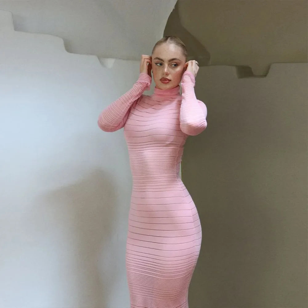 Striped Knitted Half High Collar Dress