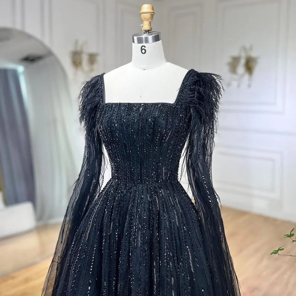 Cape Sleeves Feathers Beaded Evening Dresses