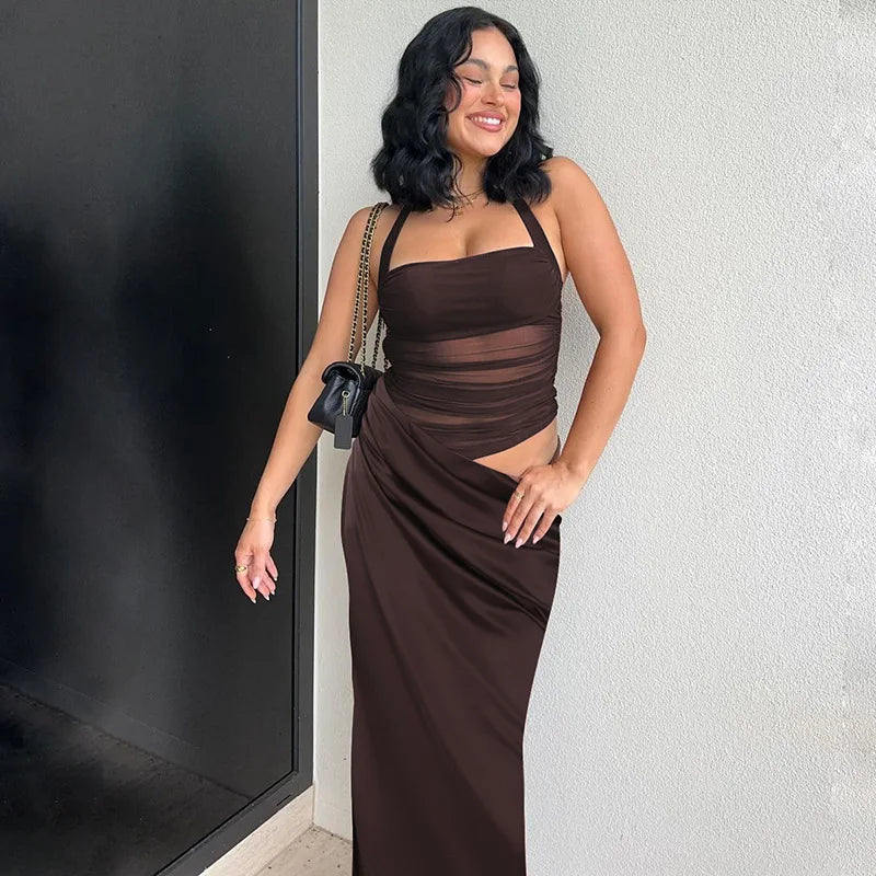 Mesh Patchwork Backless Halter Bodycon Gown