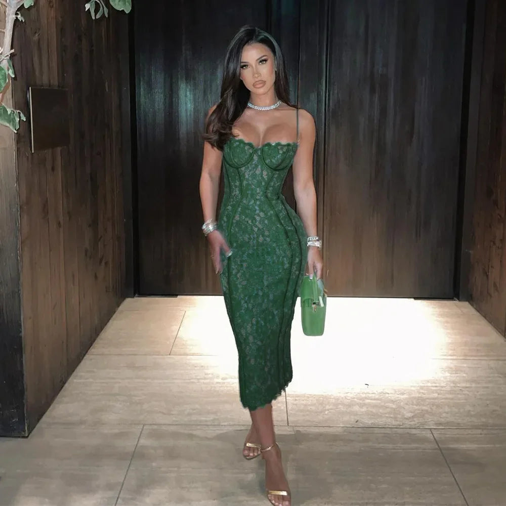 Spaghetti Strap Midi Green Dress
