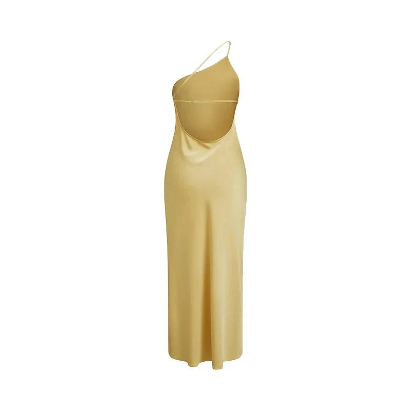 Backless Satin Slant Shoulder Solid Slit Long Dress