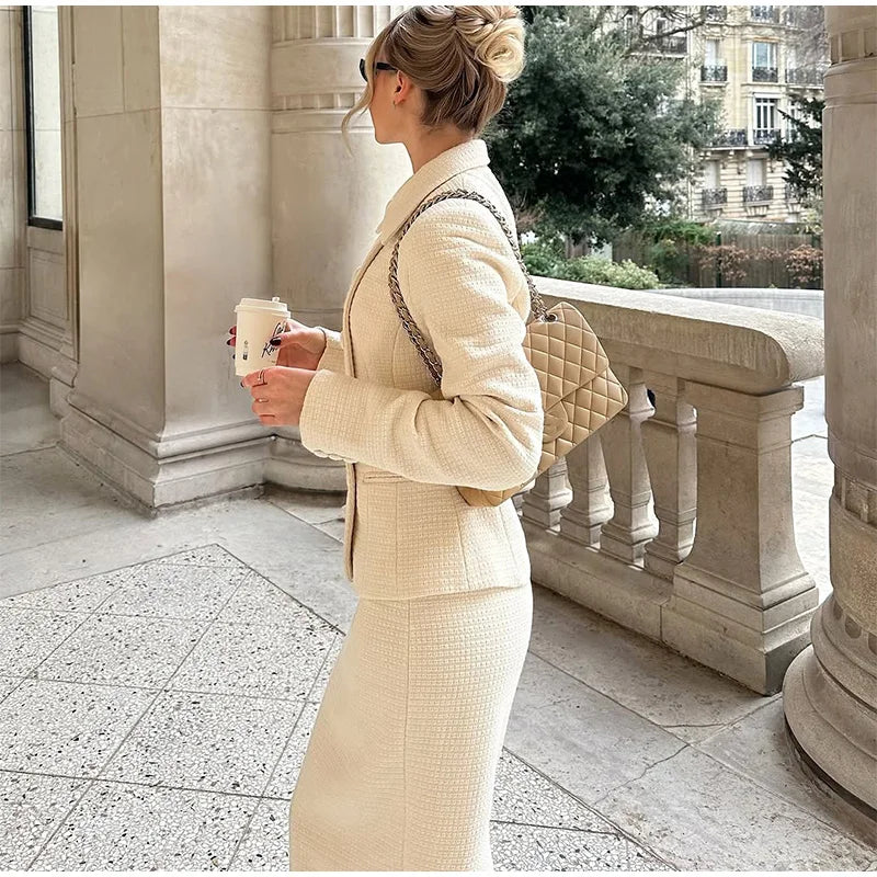 Solid Stand Collar Jackets and Skirts Suit