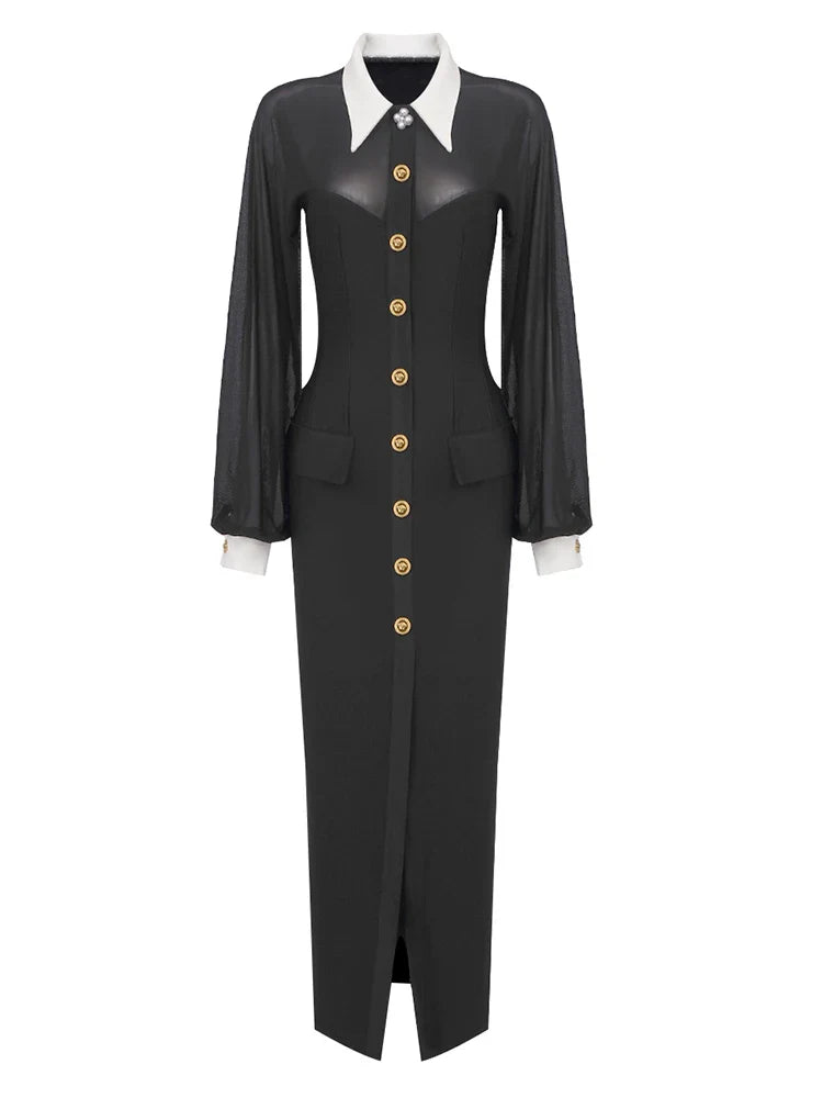 Lapel Mesh Patchwork Button Black Long Dress