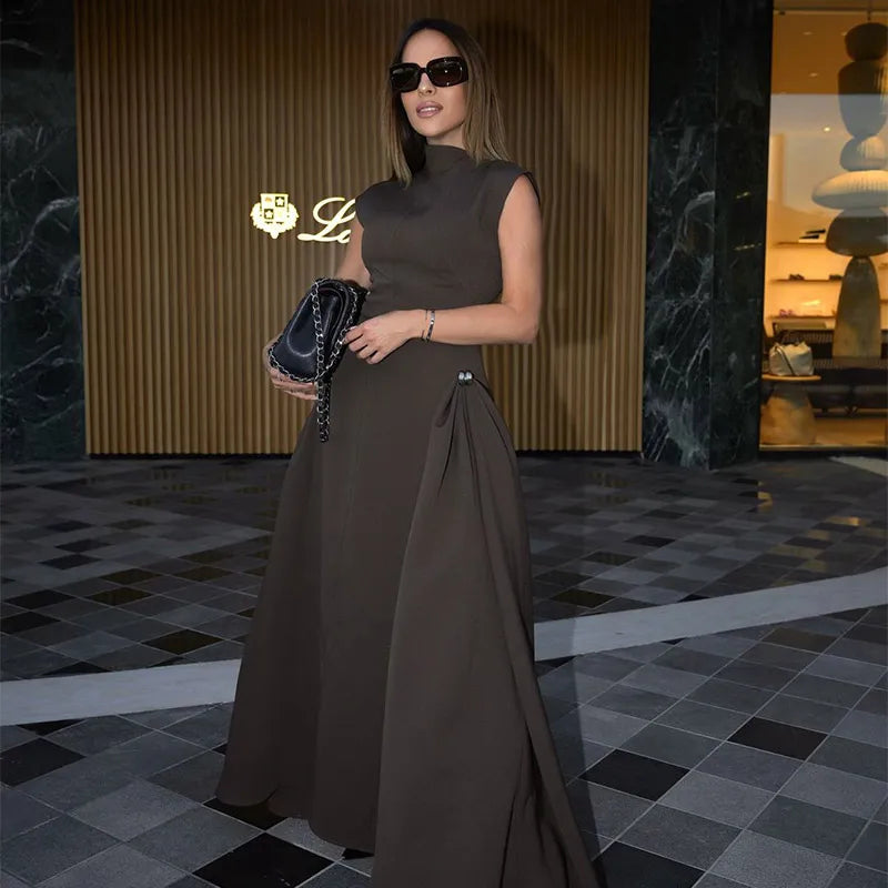 Slanted Collar Solid Pleated Long Dress