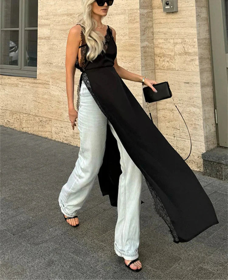 Lace Satin Patchwork High Split Maxi Dress