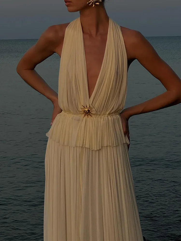 Halter Pleated Top Elastic Waist Long Skirt Suit
