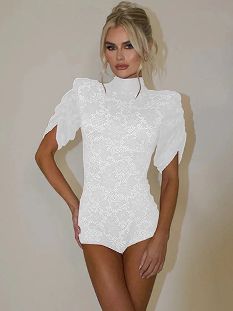 Turtleneck Lace Short Sleeve Shoulder Pads Bodysuit