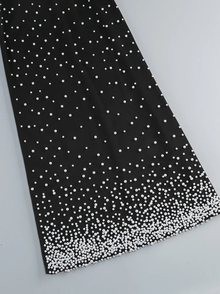 Black Strapless Pearls Beaded Embellished Maxi Dress