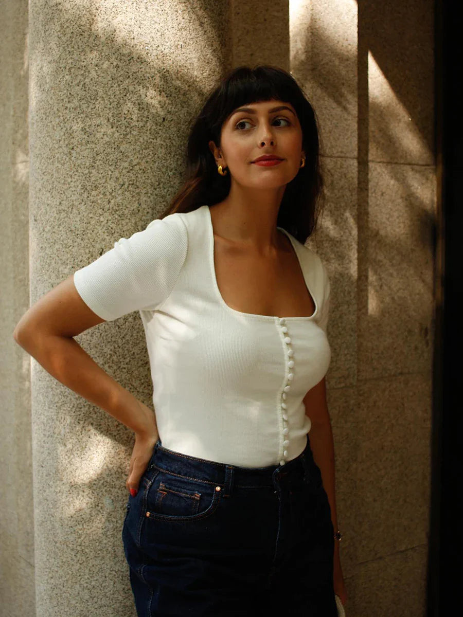 Square Collar Cotton Short Sleeve Tops