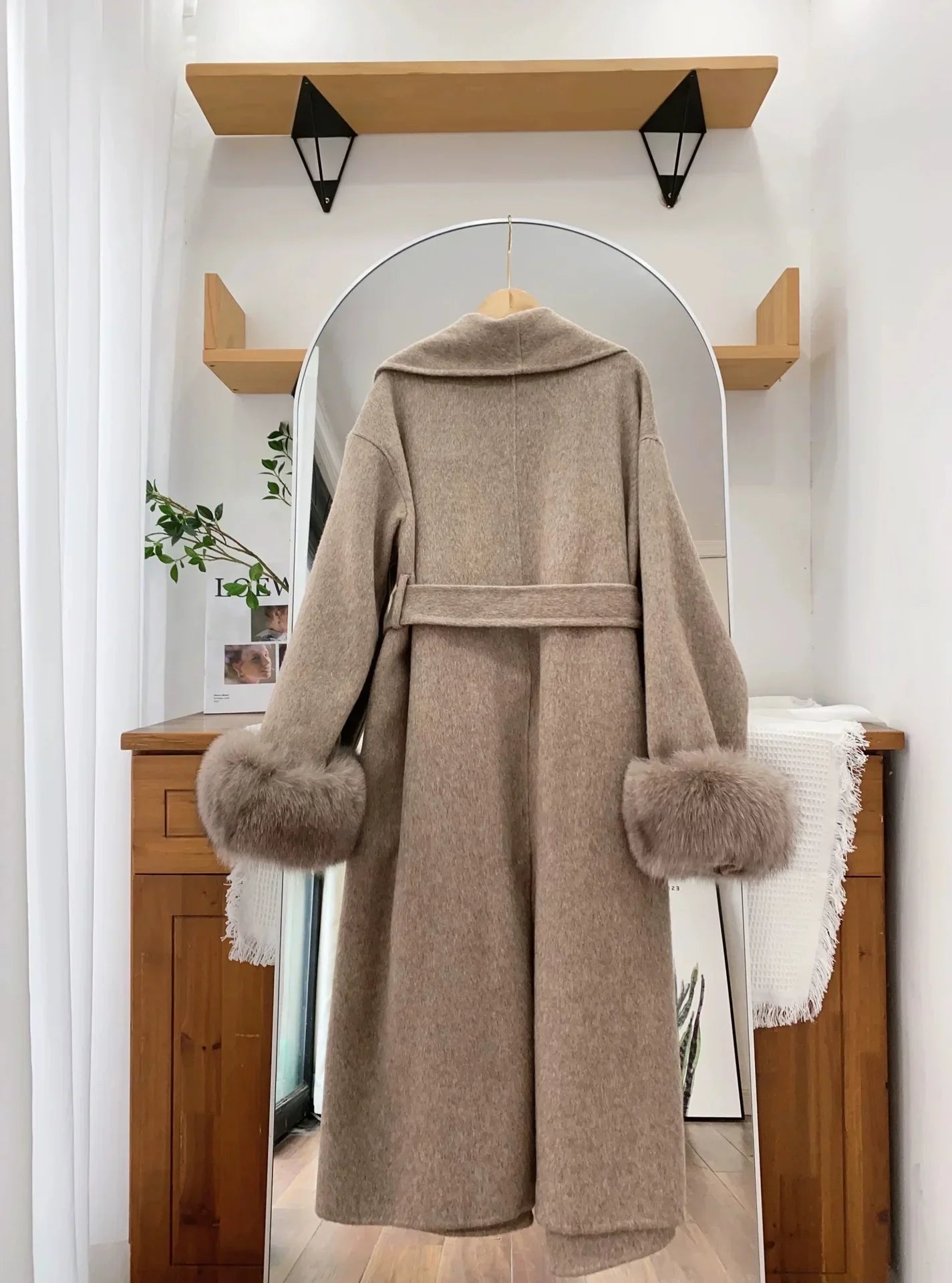 Lace-Up Fur Fluffy Lapel Long Sleeve Overcoat