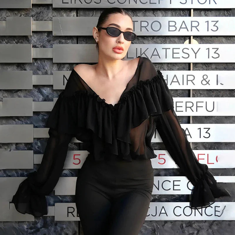 See Through Solid Long Sleeved Ruffles Tops