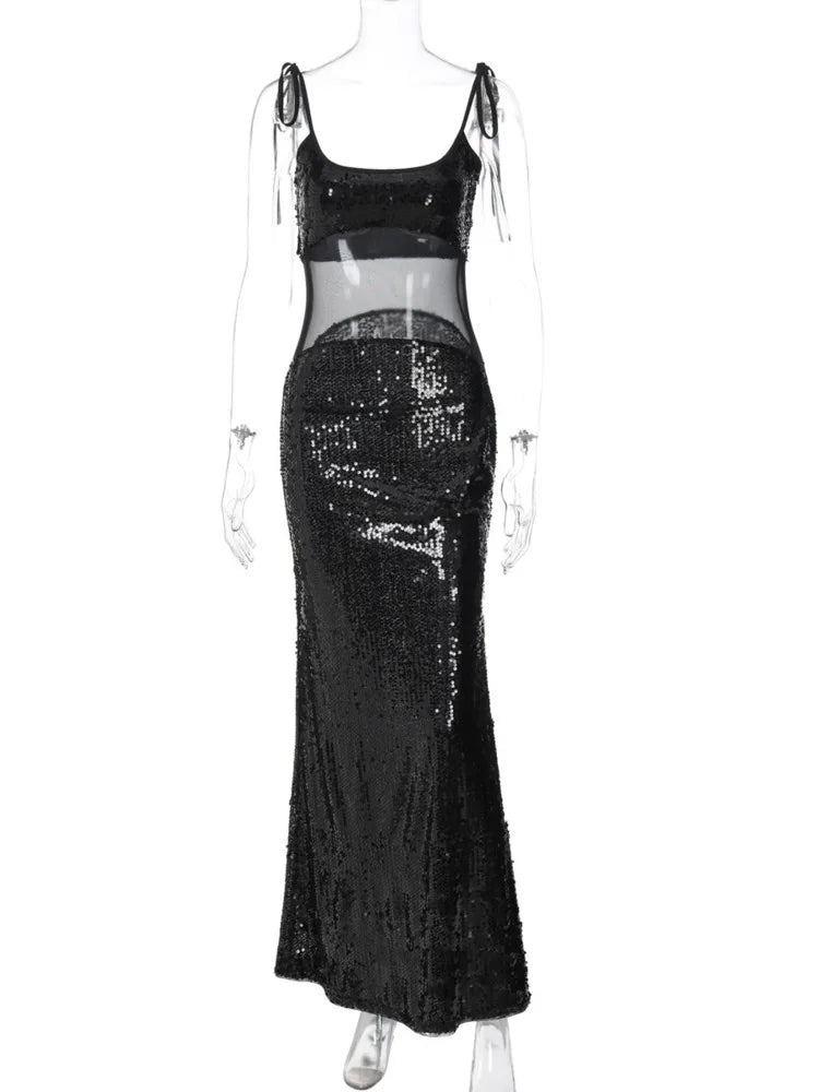 Sheer Mesh Spaghetti Strap Glitter Long Dress