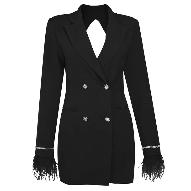 Diamond Button Cuffs Chain Feather Jacket