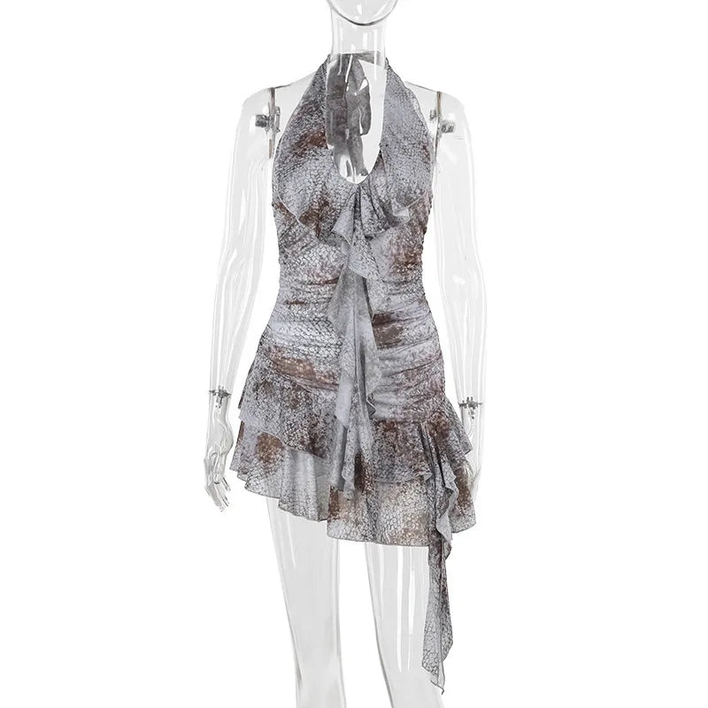 Mesh Printed Ruffle Backless Bodycon Mini Summer Dress