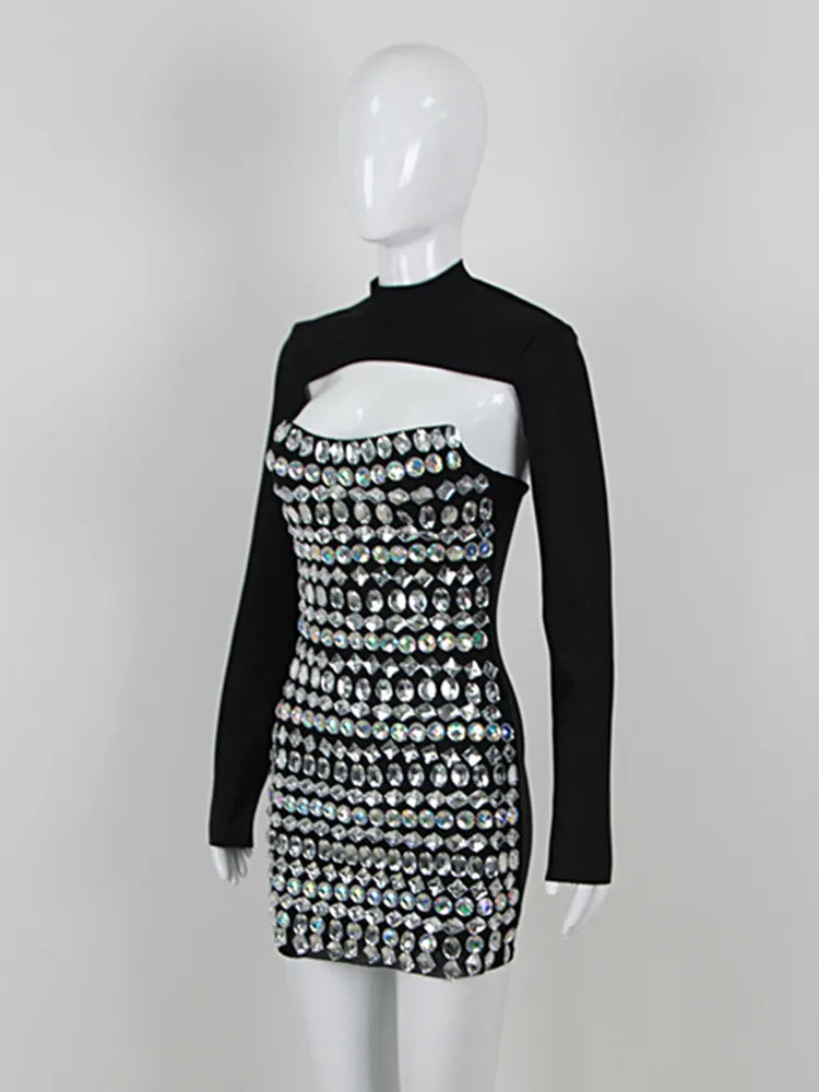 Turtleneck Beading Rhinestone Black Mini Dress
