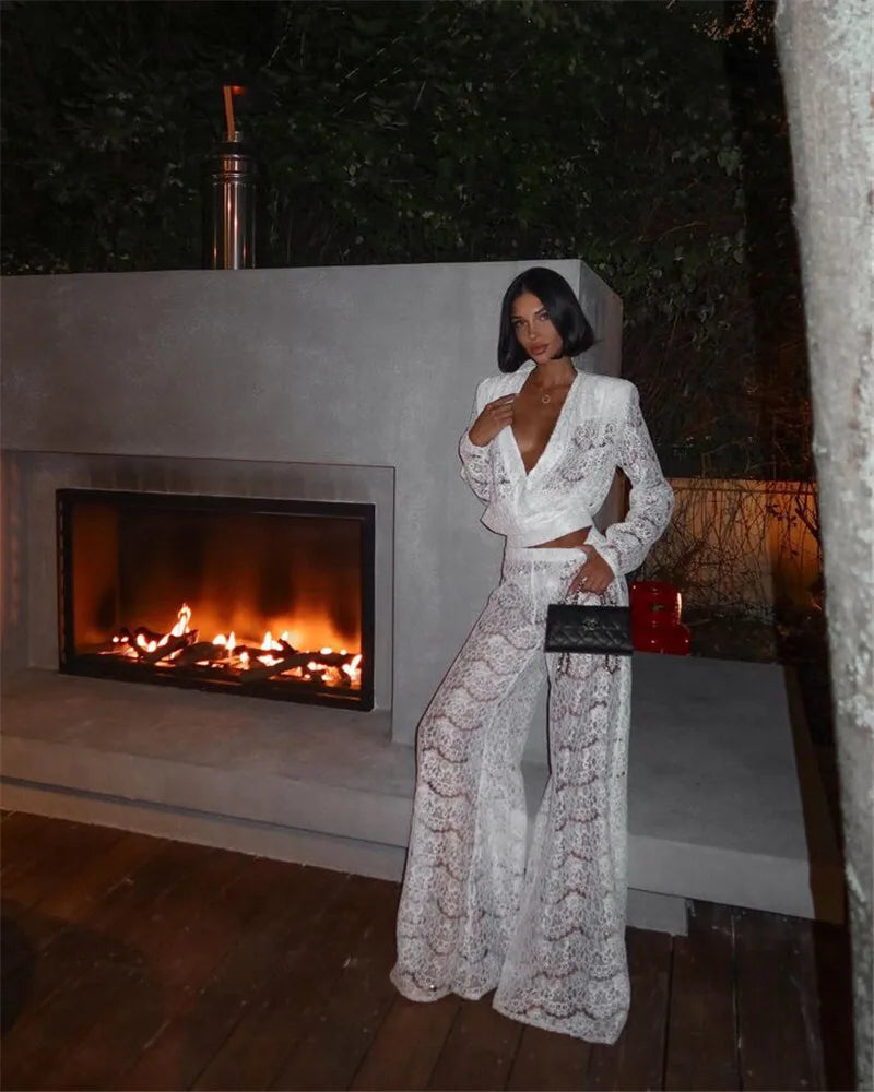 White Lace Two-Piece Loose Trouser Set